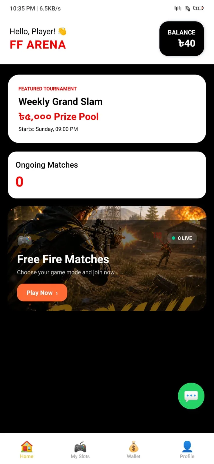 FF Arena Free Fire Tournament App Home Screen